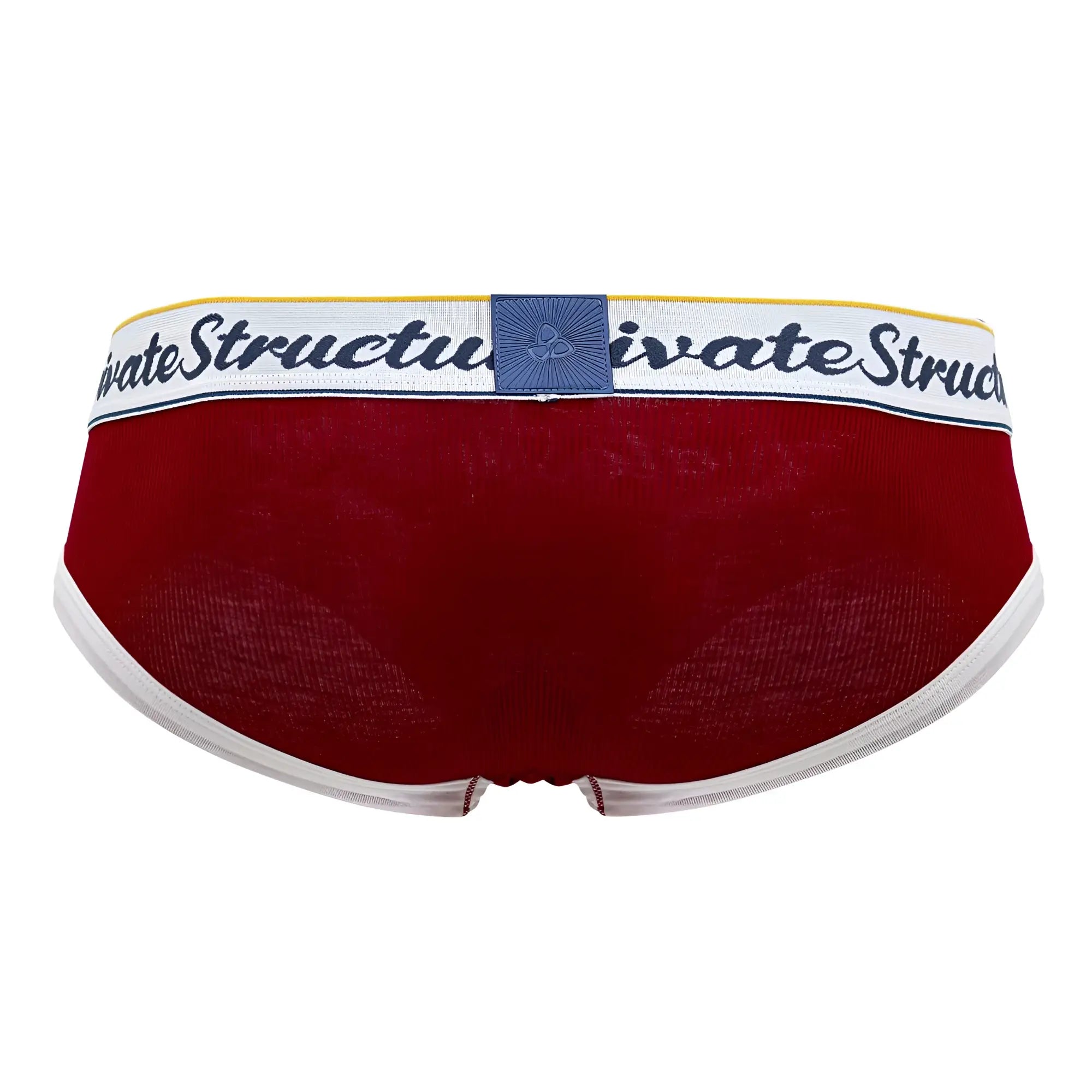 Red private structure classic mid waist mini briefs with white waistband and navy logo in cotton blend fabric