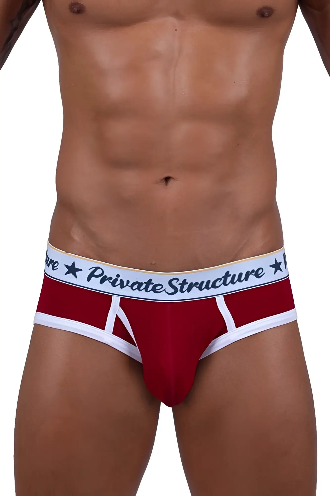 Red private structure classic mid waist mens briefs with white trim and black star motif waistband scus4529 model