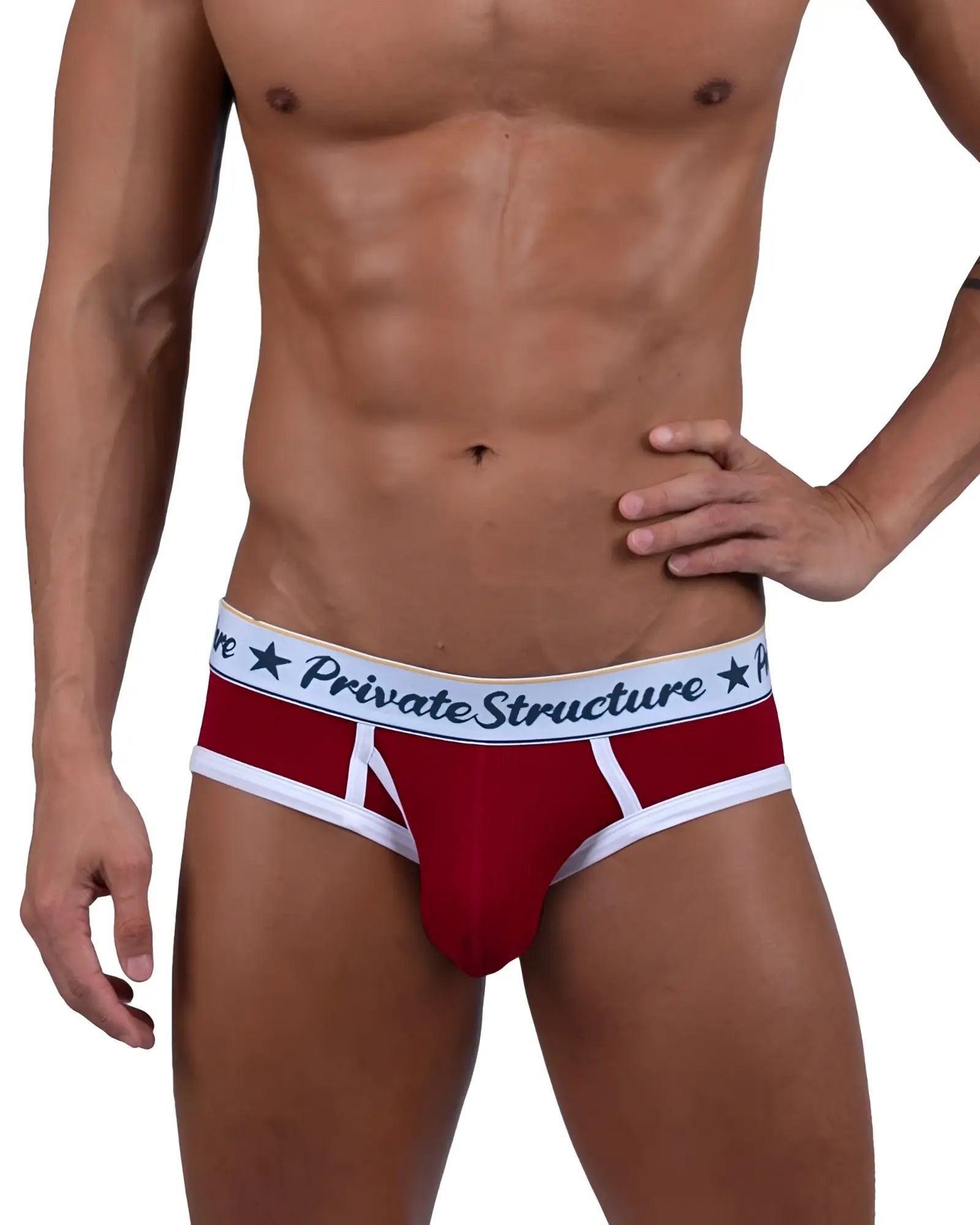 Red and white men’s classic mid waist mini briefs with ribbed texture and private structure navy blue waistband logo