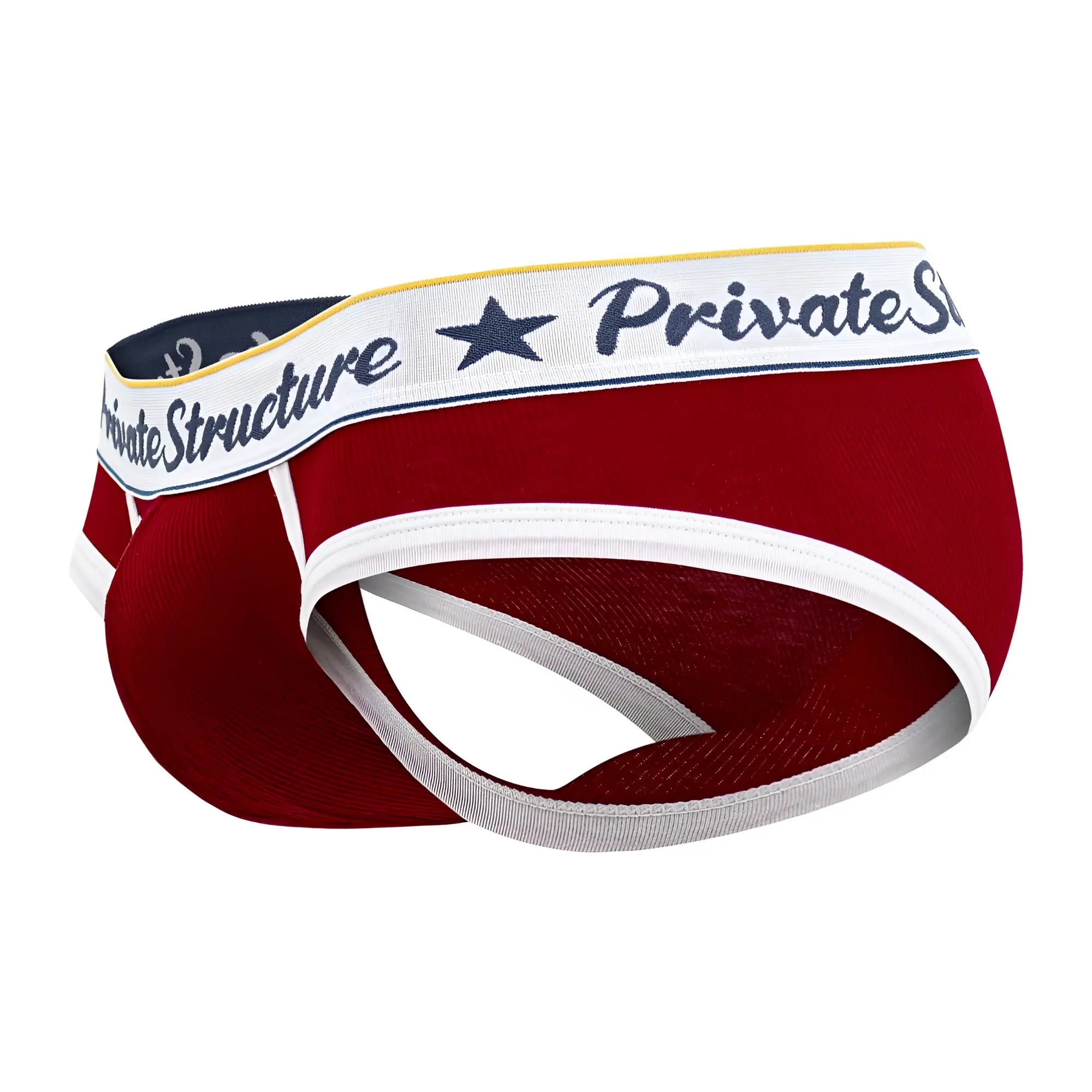Red and white private structure classic mid waist mini briefs with navy blue star logo on waistband in black script branding