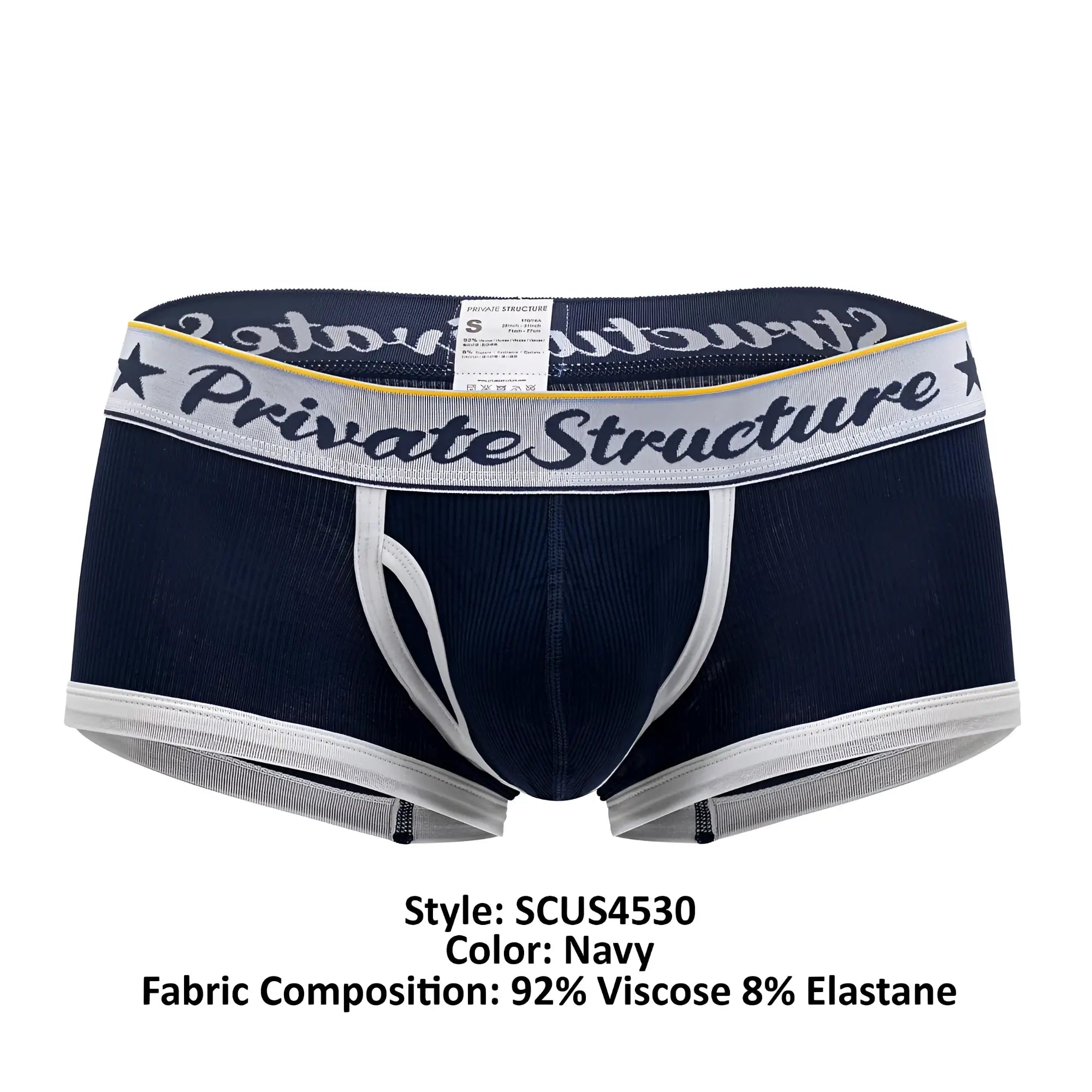 Navy private structure classic mid waist trunks with white gray elastic waistband and yellow trim featuring logo