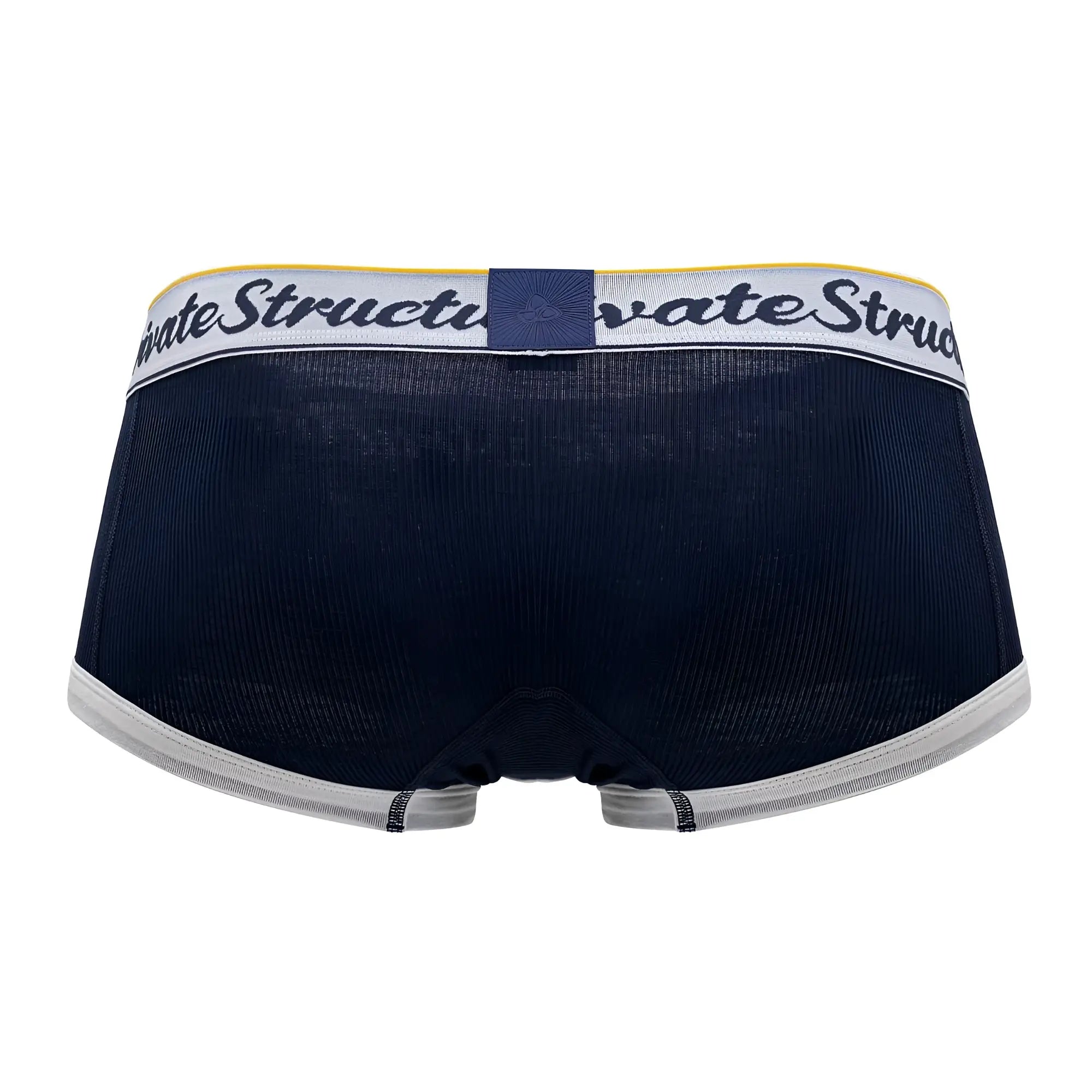 Navy blue textured Private Structure SCUS4530 classic mid waist trunks with white waistband and dark blue logo