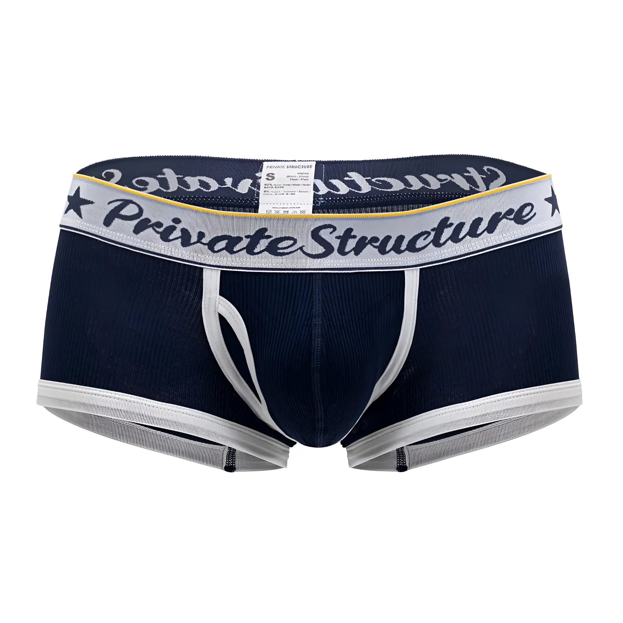Navy blue and white striped men’s classic mid waist trunks with private structure logo waistband in cotton blend