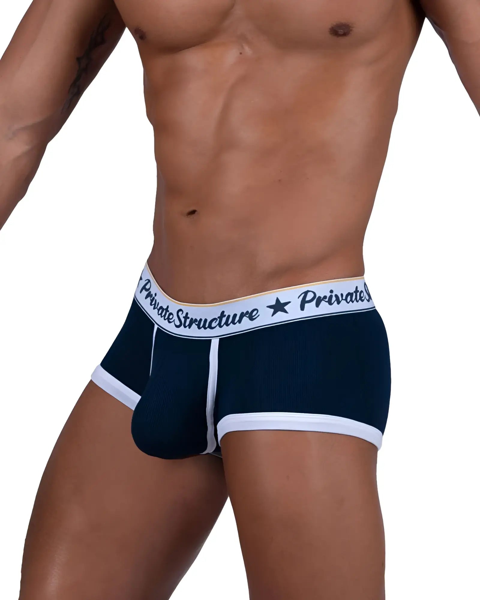Navy blue and white men’s mid waist briefs with branded elastic waistband from Private Structure SCUS4530 Classic trunks