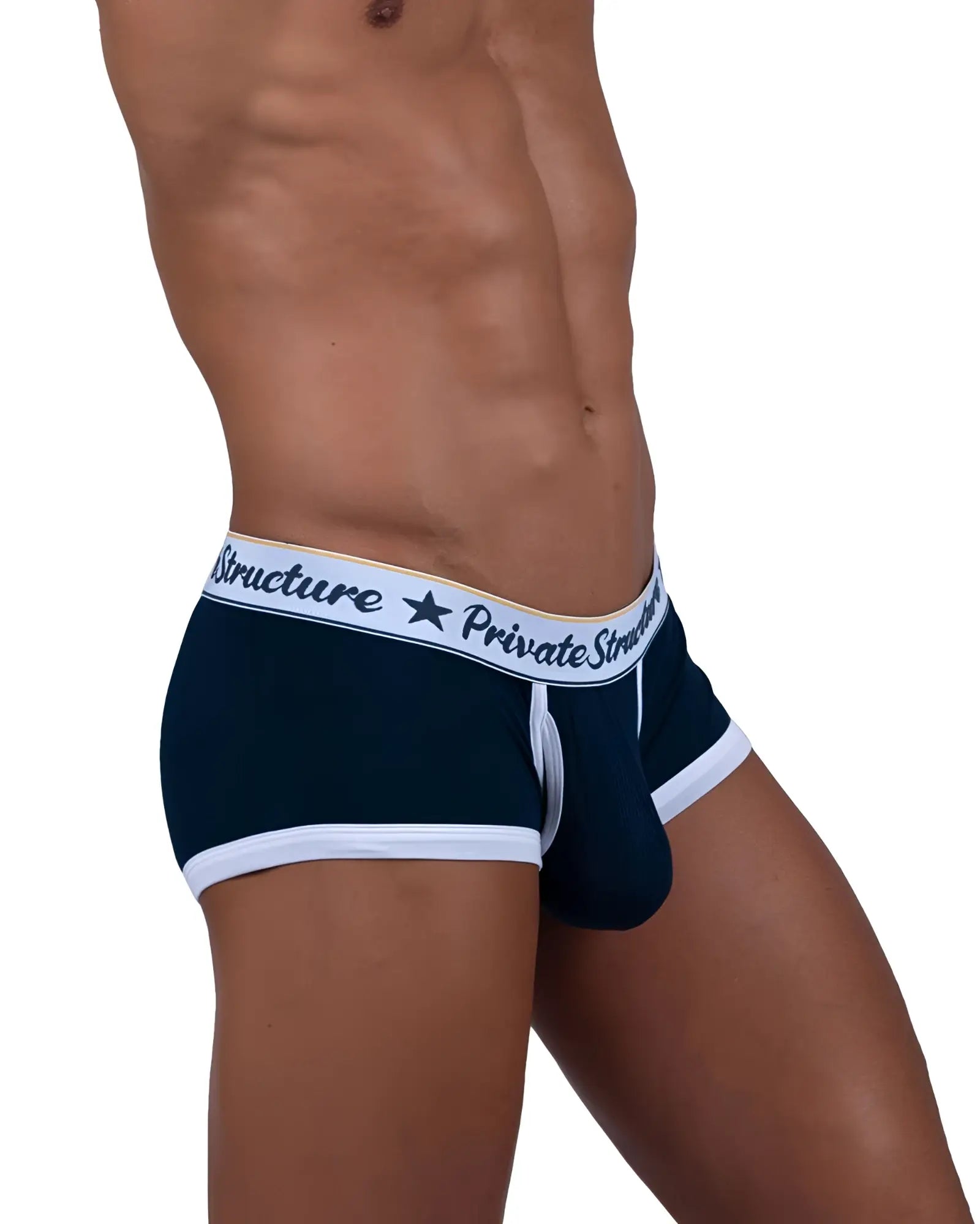 Navy blue and white classic mid waist trunks for men with private structure branded waistband in cotton blend material