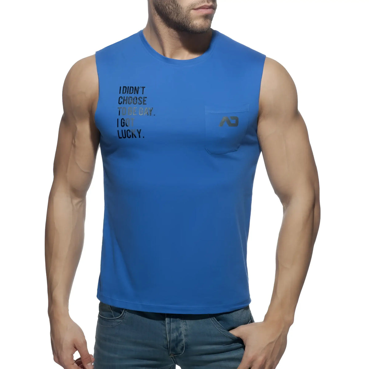 Blue sleeveless cotton tank top with black text reading i didnt choose to be bay from proud 2 be gay t shirt collection
