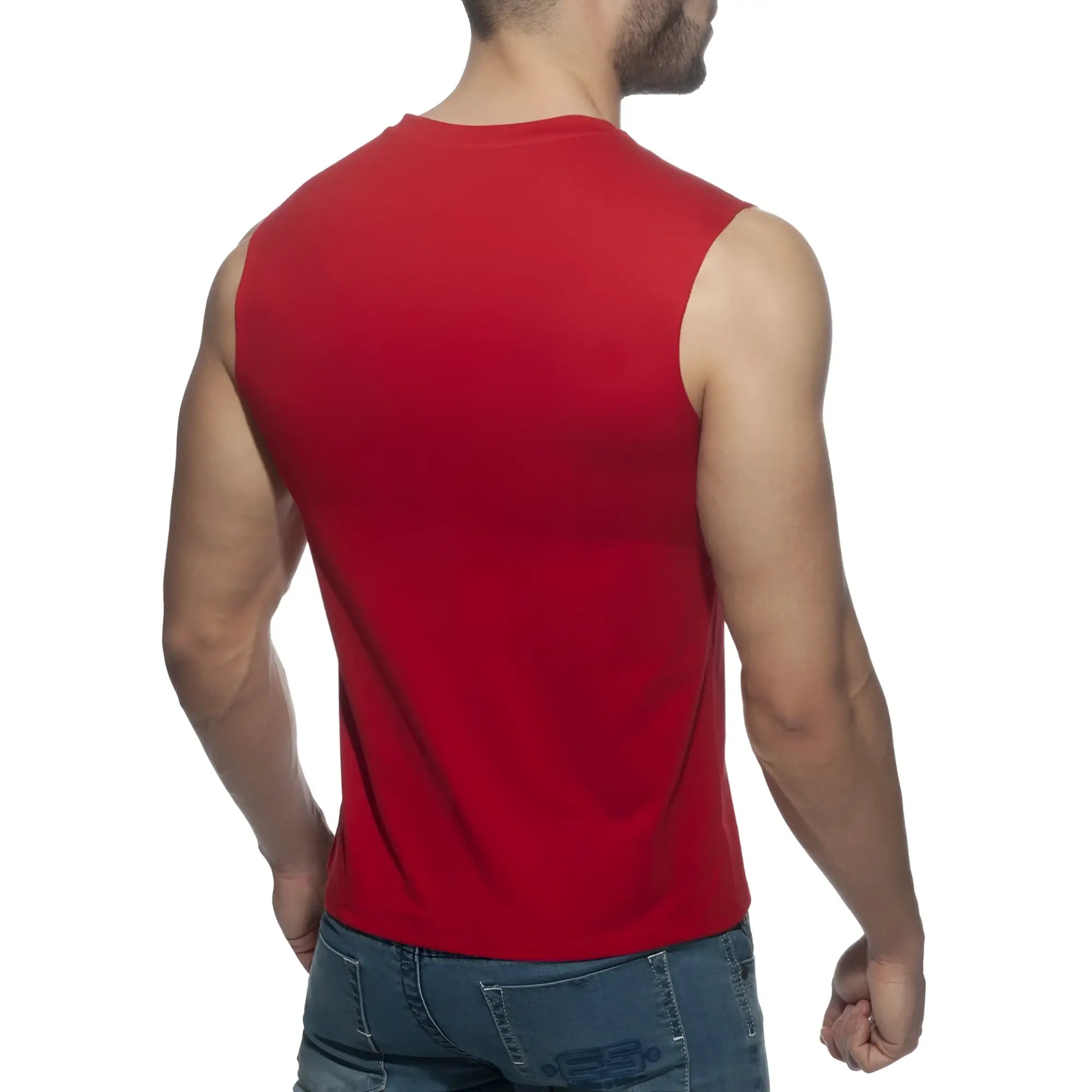 A vibrant red sleeveless cotton tank top with a round neckline from the proud 2 be gay t-shirt collection