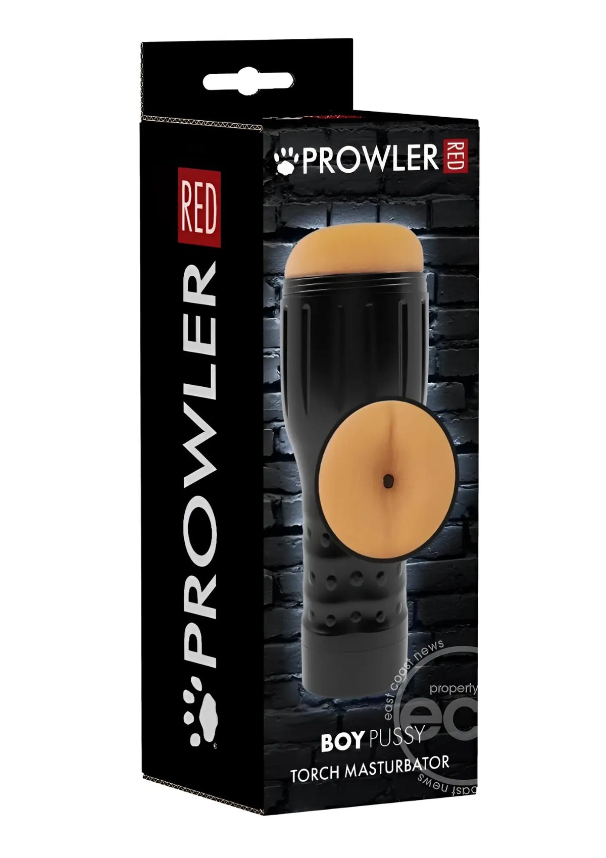 Black and tan silicone torch masturbator with textured grip branded as Prowler Red in the prowler red manhole stroker