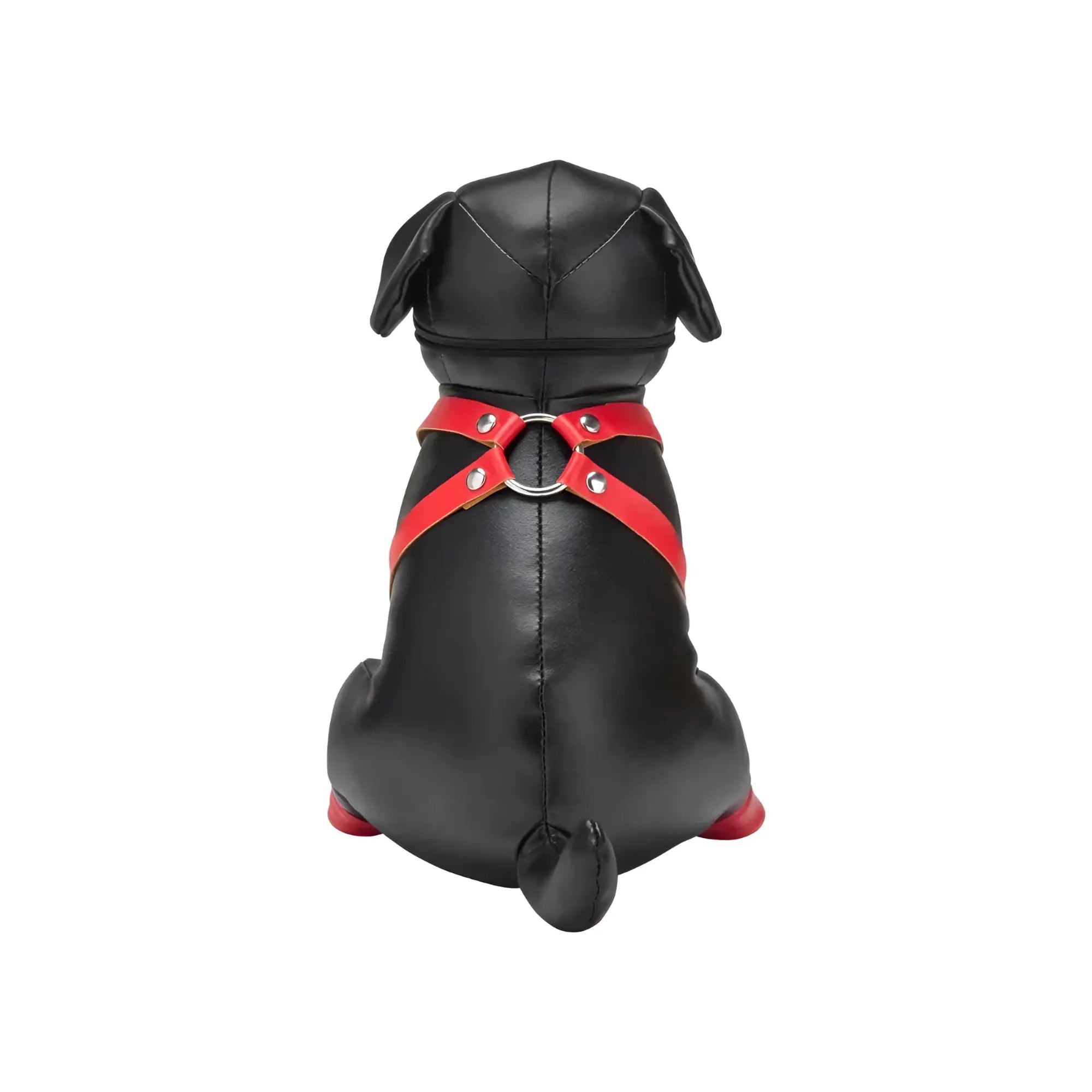 Black faux leather rottweiler dog figurine wearing red harness with silver hardware from prowler red puppy booted up bandit