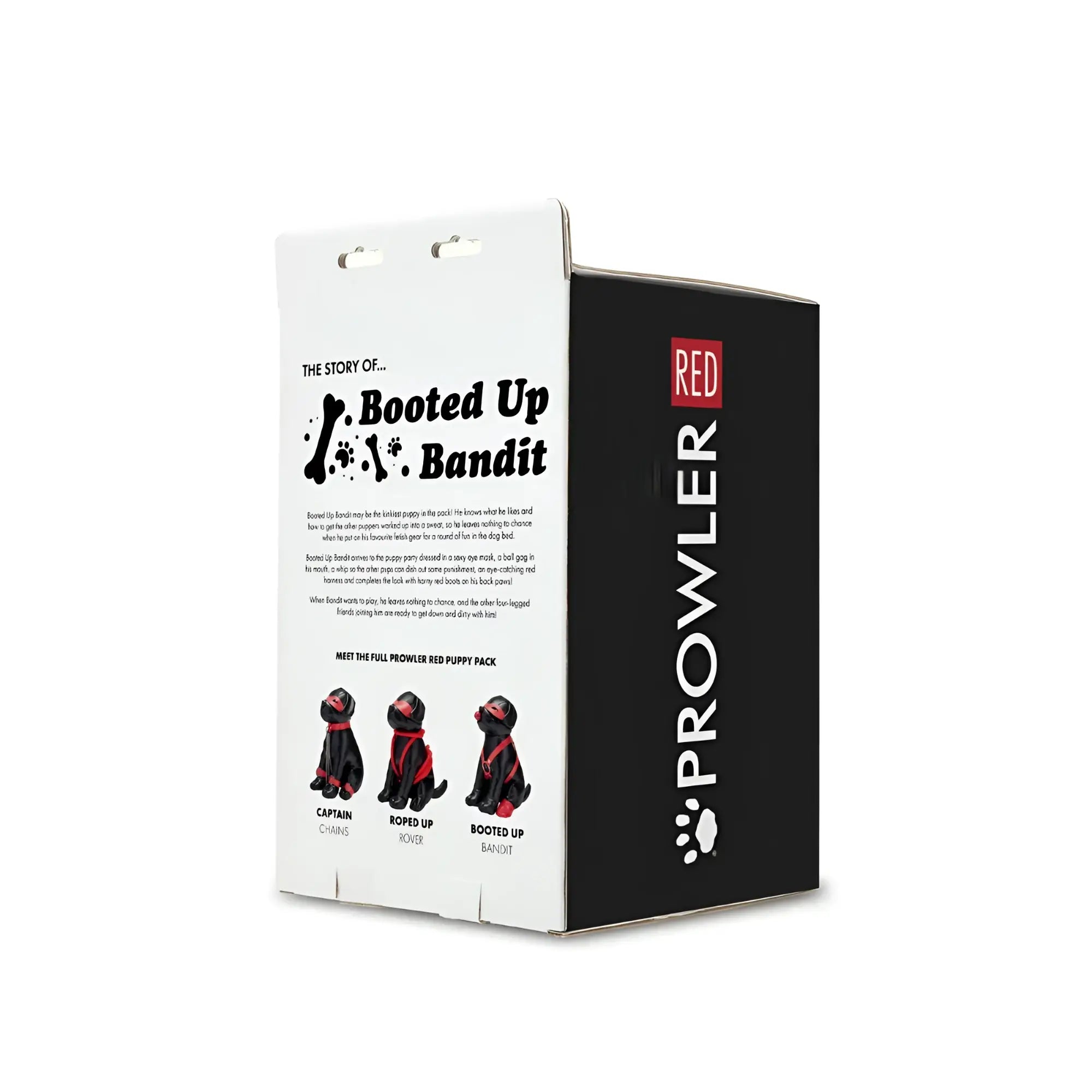 Black and red prowler red puppy booted up bandit box with three illustrated pup characters on the front side