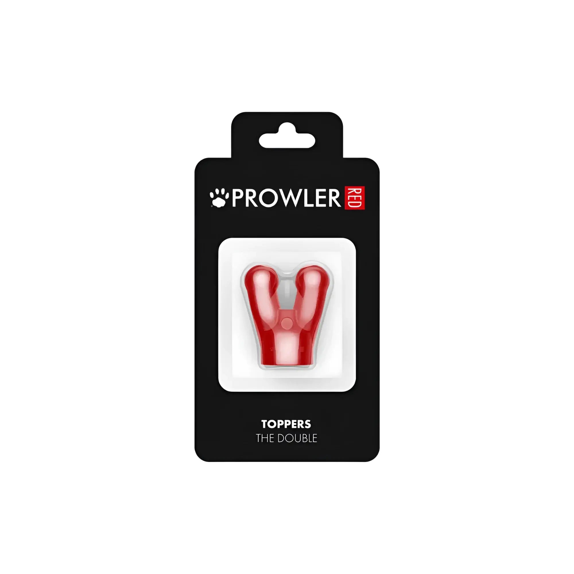 Red plastic dog toy with y-shaped design branded as Prowler red toppers the double in the double cap product line