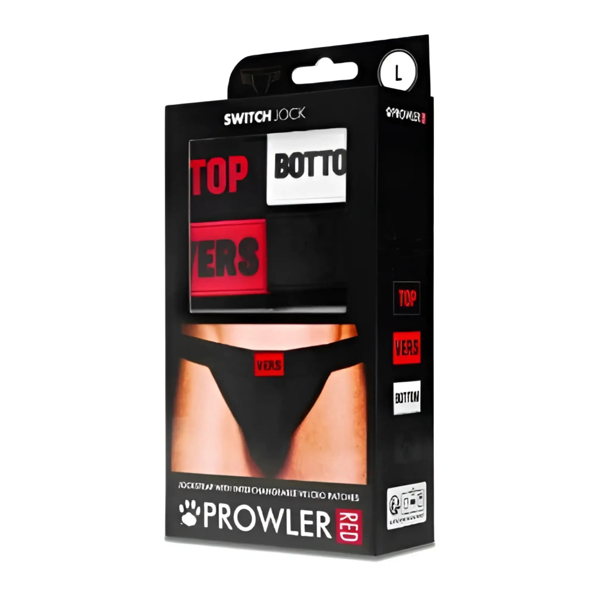 Black packaging of prowler switch jockstrap adjustable briefs set with red switch lock and white text labels