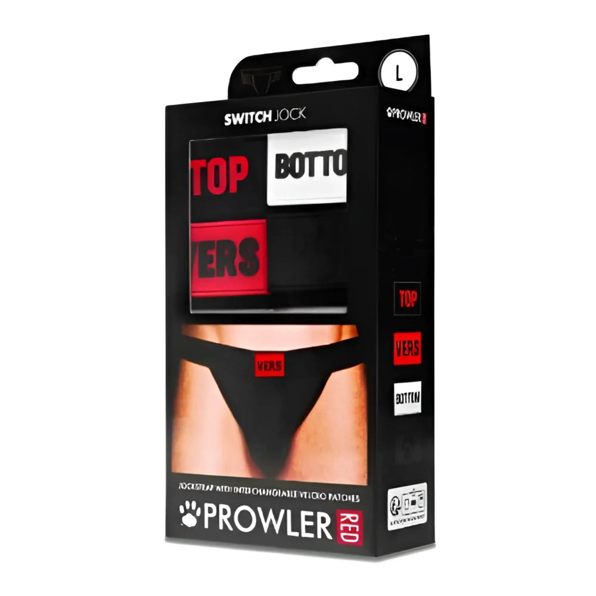 Black packaging of prowler switch jockstrap adjustable briefs set with red switch lock and white text labels