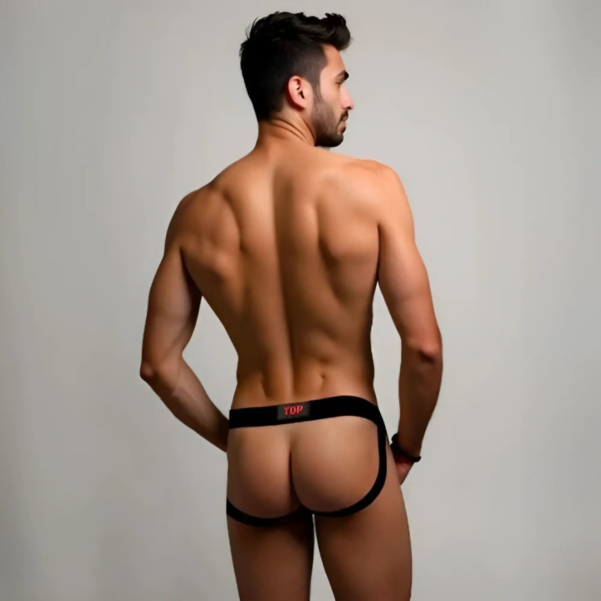 Black ydp brand prowlerr switch jockstrap briefs with a red logo waistband shown from the back side