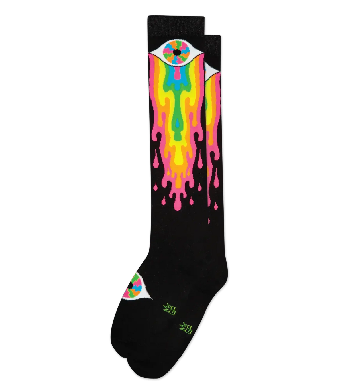 Black knee high sock featuring a vibrant psychedelic eye design with rainbow-colored liquid dripping from it