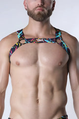 Vaux pulse elastic harness black blue neon pink patterned harness-style top with cutout details