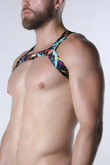 Pulse elastic harness black halter top with vibrant neon lightning bolt pattern and bold colorful abstract design