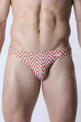 V-box pulse swim brief men’s swim trunks with vibrant pink green and white zigzag pattern for swimming