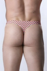 Pulse Swim Thong vibrant patterned swim thong with bold pink red and green zigzag stripes shown from the back side