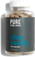 A clear plastic bottle with white cap labeled pure for men stay ready 120 capsules containing beige supplements