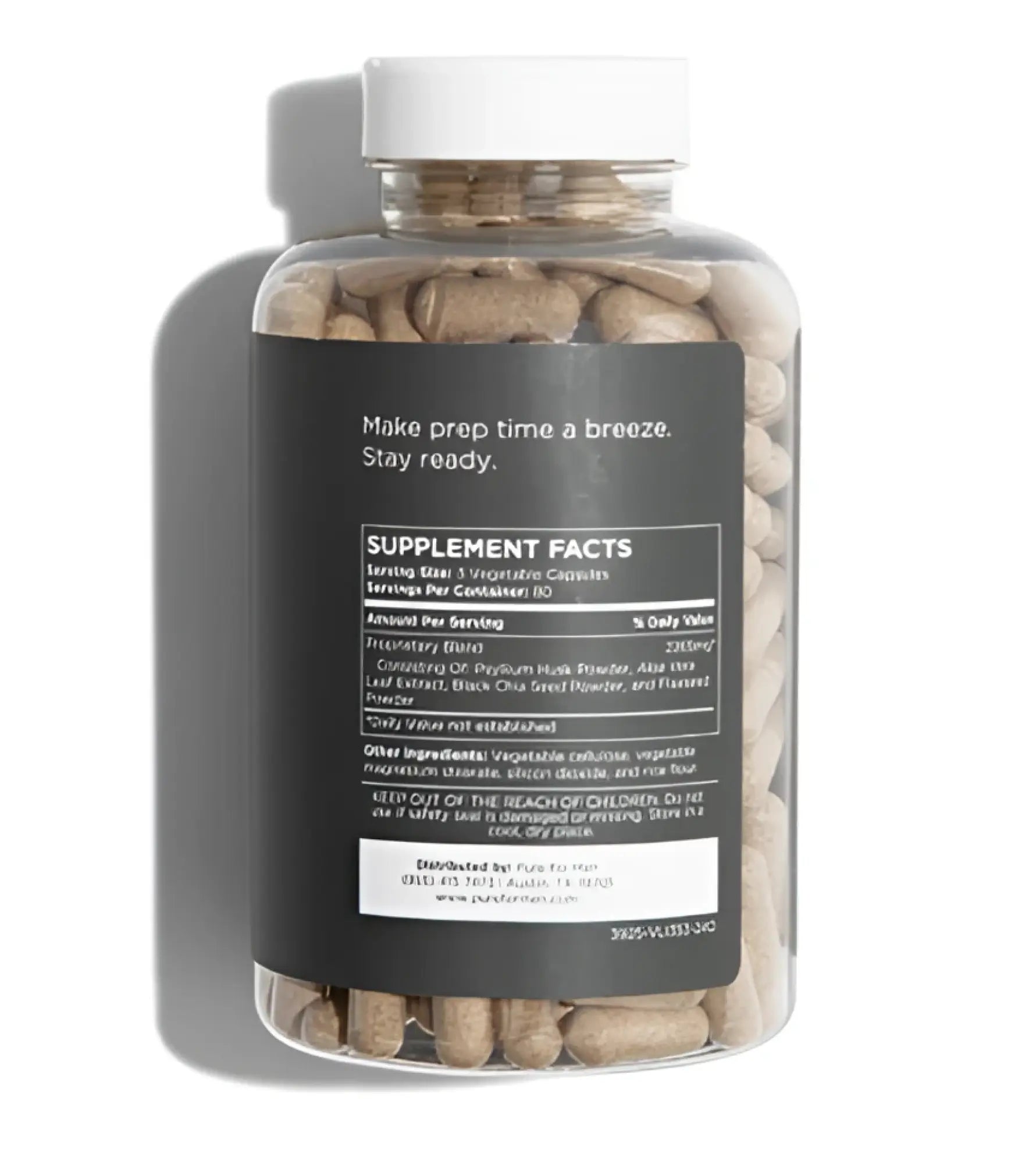 Clear plastic bottle with white cap and black label containing light brown capsules for pure for men supplements