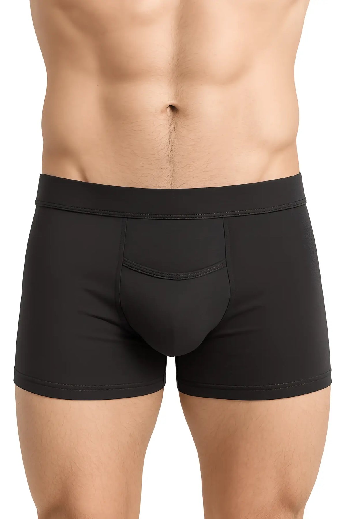 Black men’s PureComfort cotton trunk boxer briefs with contoured pouch and elastic waistband