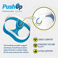 Blue and white push-up mesh jockstrap with elastic underwire support belt for enhanced lift