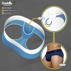 Blue and white push-up mesh jockstrap with inner pouch for volume and lift in men’s underwear design