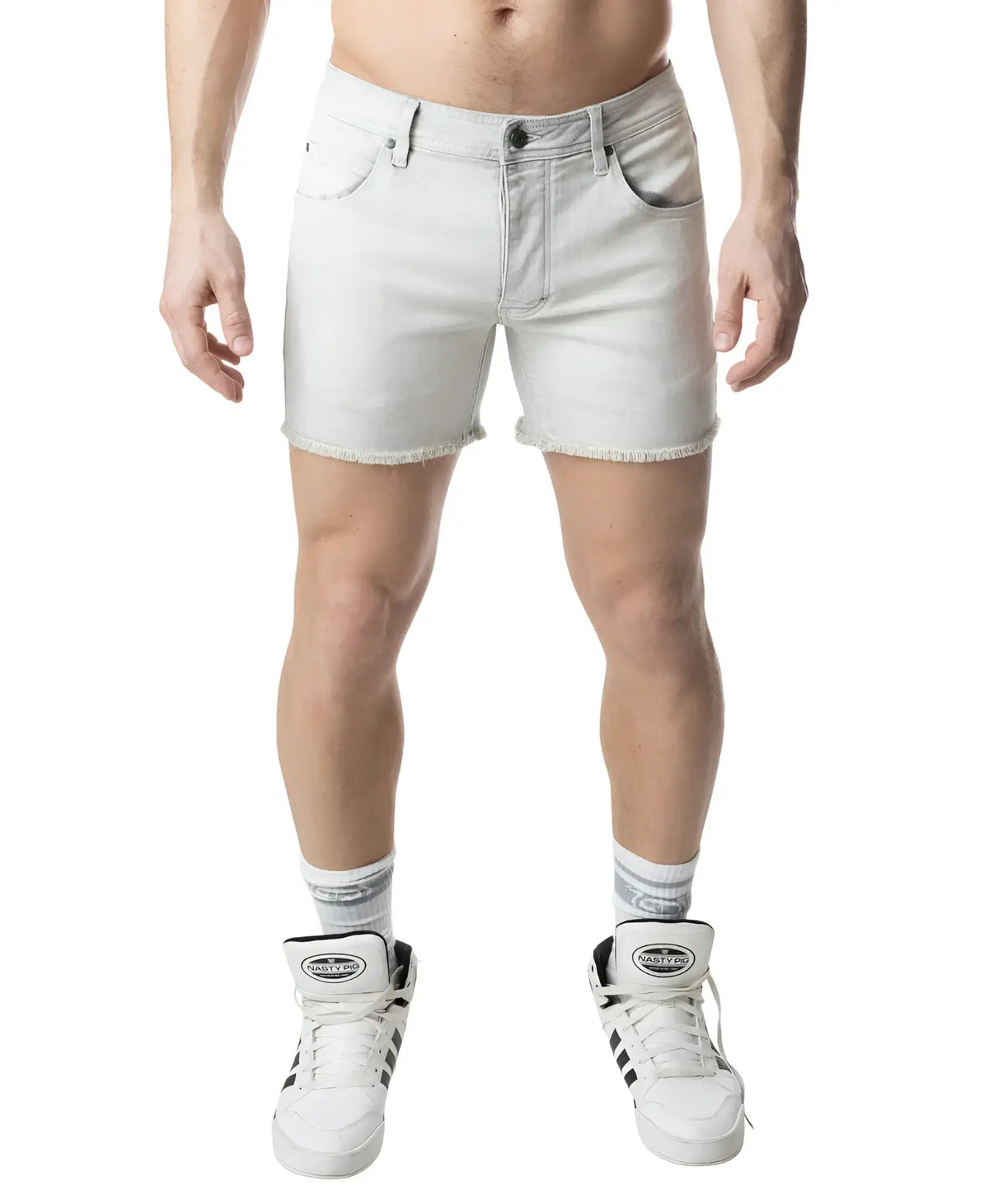 Light-wash denim quad short bleached with frayed hem and classic five-pocket design perfect for casual wear