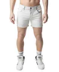 Light-wash denim quad short bleached with frayed hem and classic five-pocket design perfect for casual wear