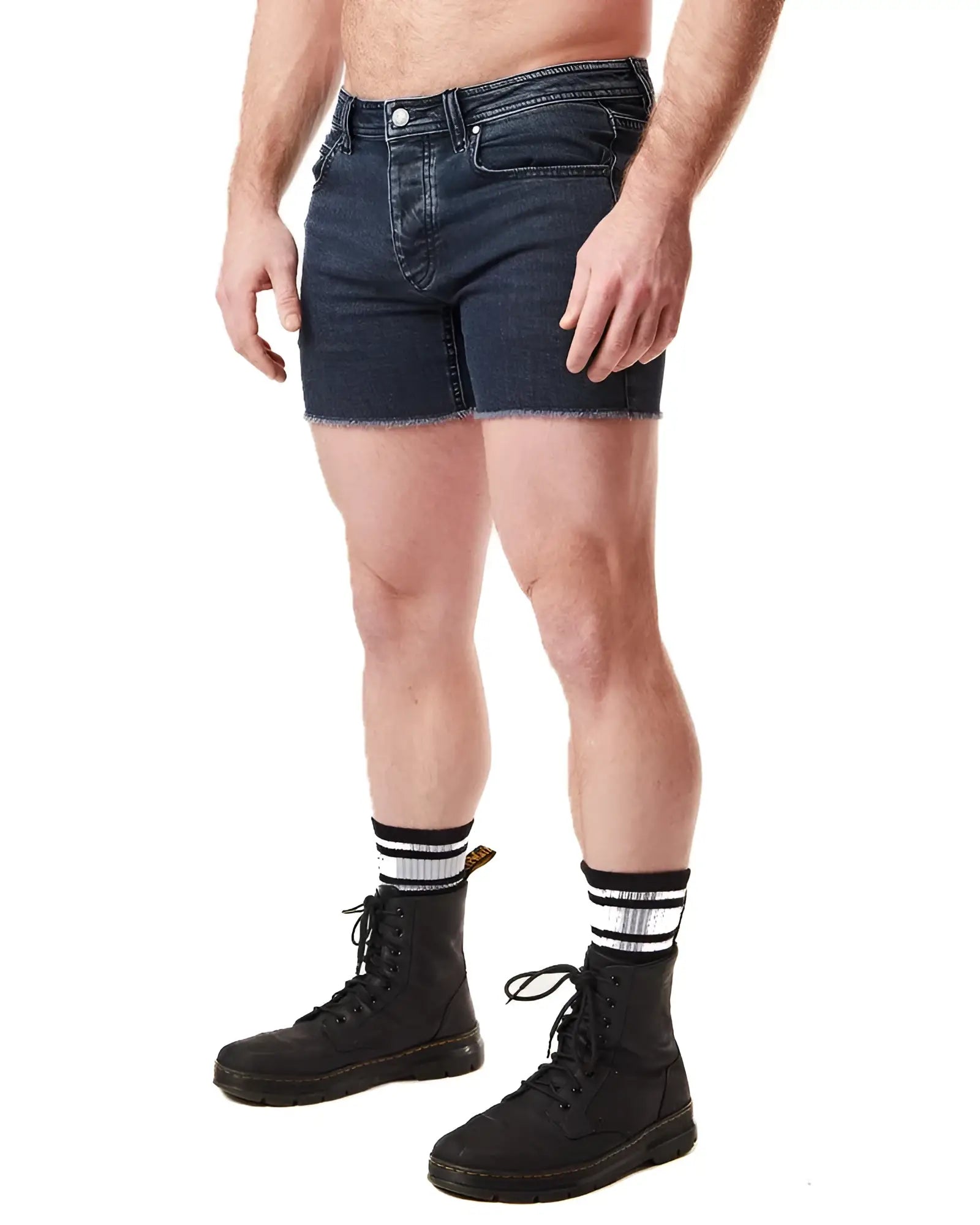 Dark blue denim quad short with frayed hem perfect for casual summer wear