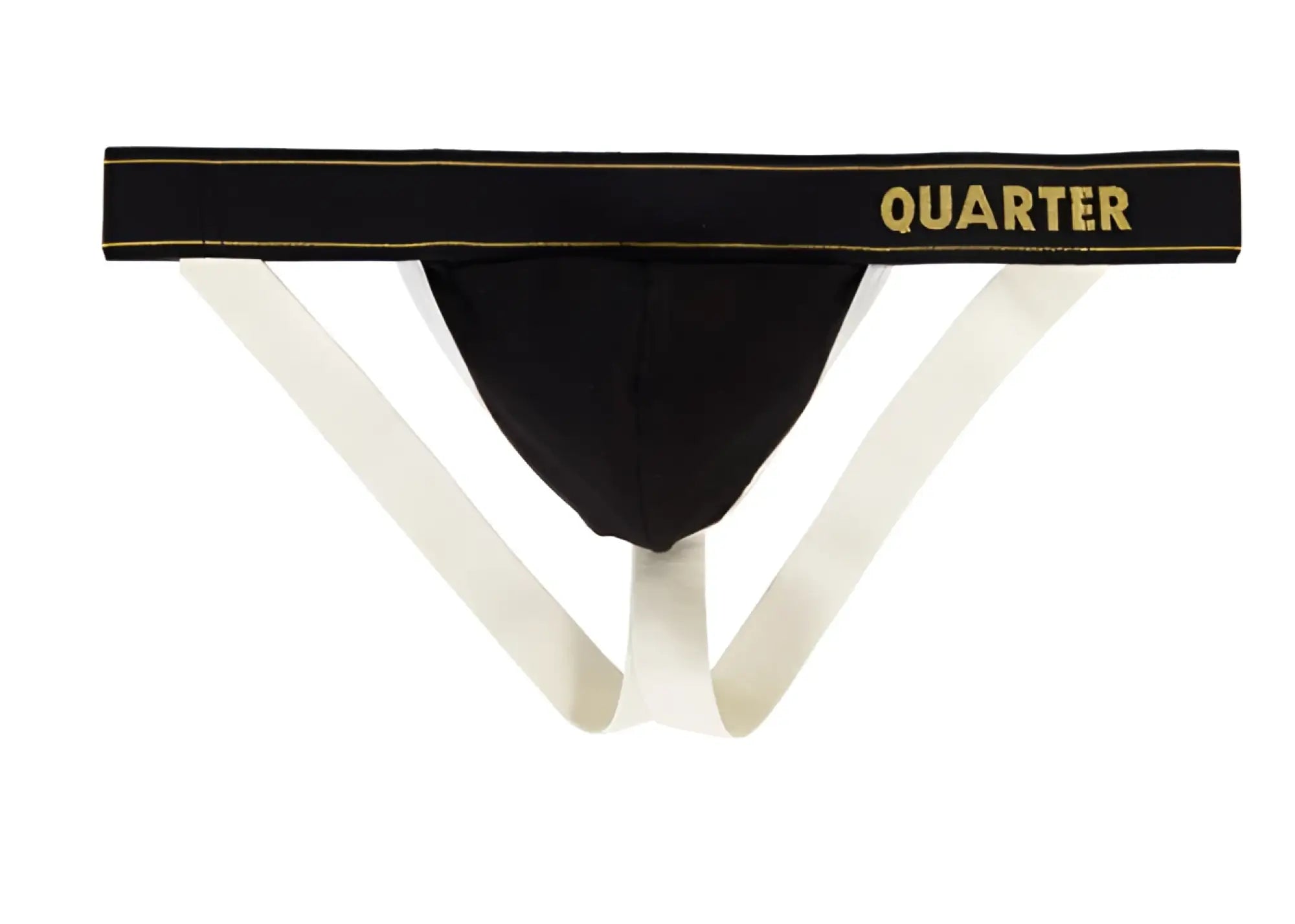 Black athletic jock strap underwear with cream side straps and gold quarter logo on waistband size l