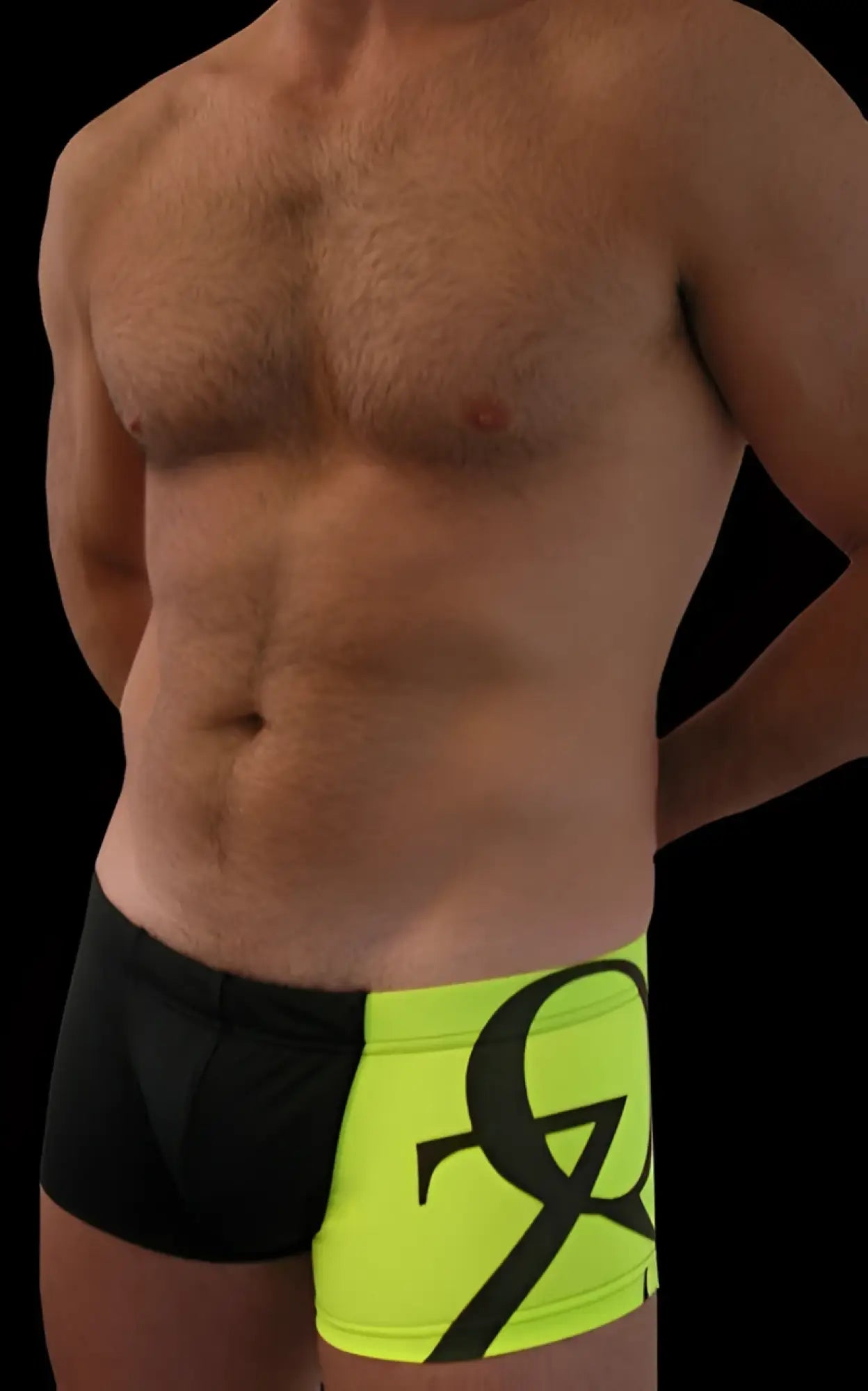 Neon yellow and black athletic briefs with bold stylized logo on the side sized medium from qz bodywear square cut trunk
