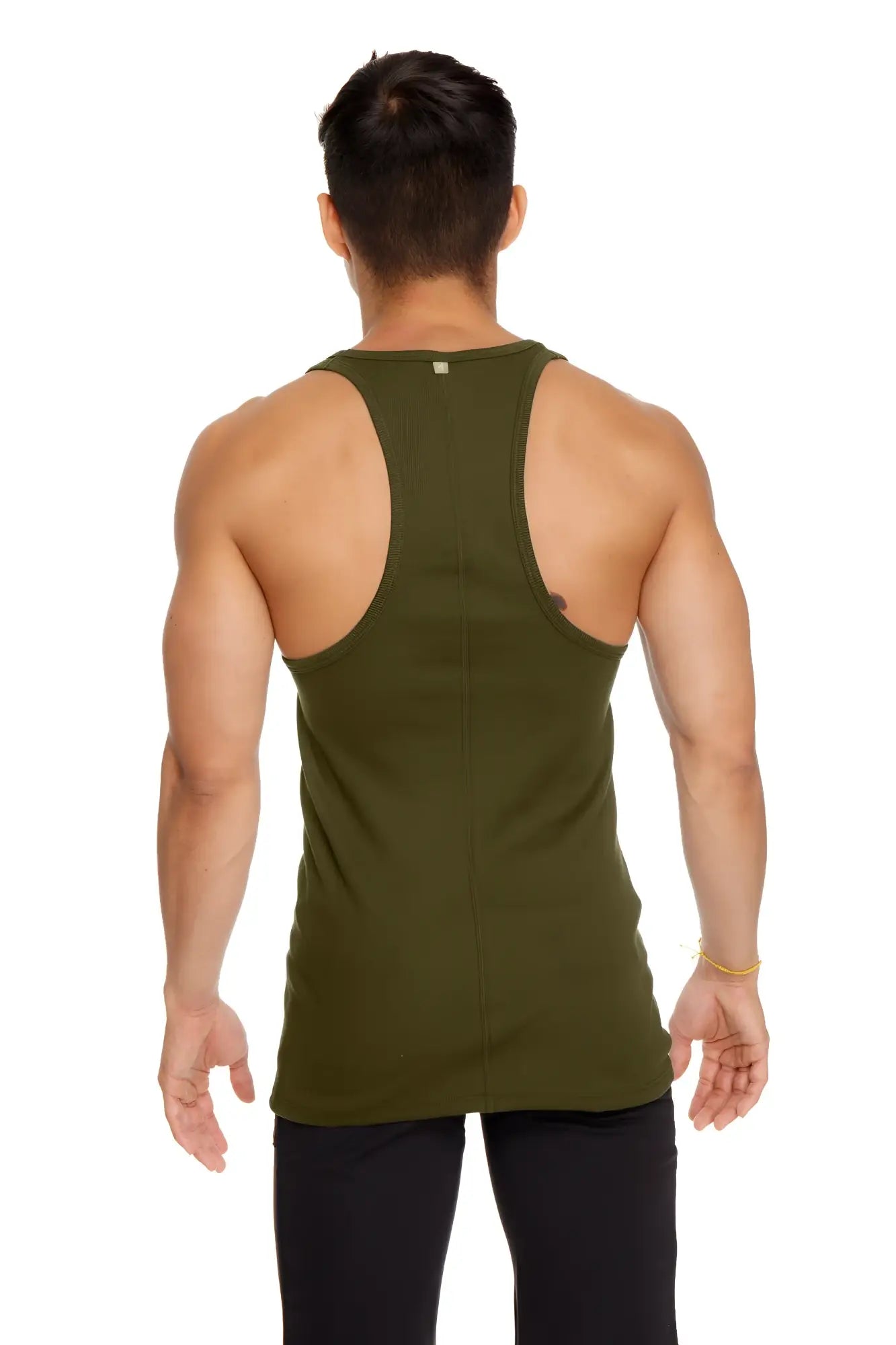 Olive green racer-back yoga tank top in breathable fabric shown from the back for active wear