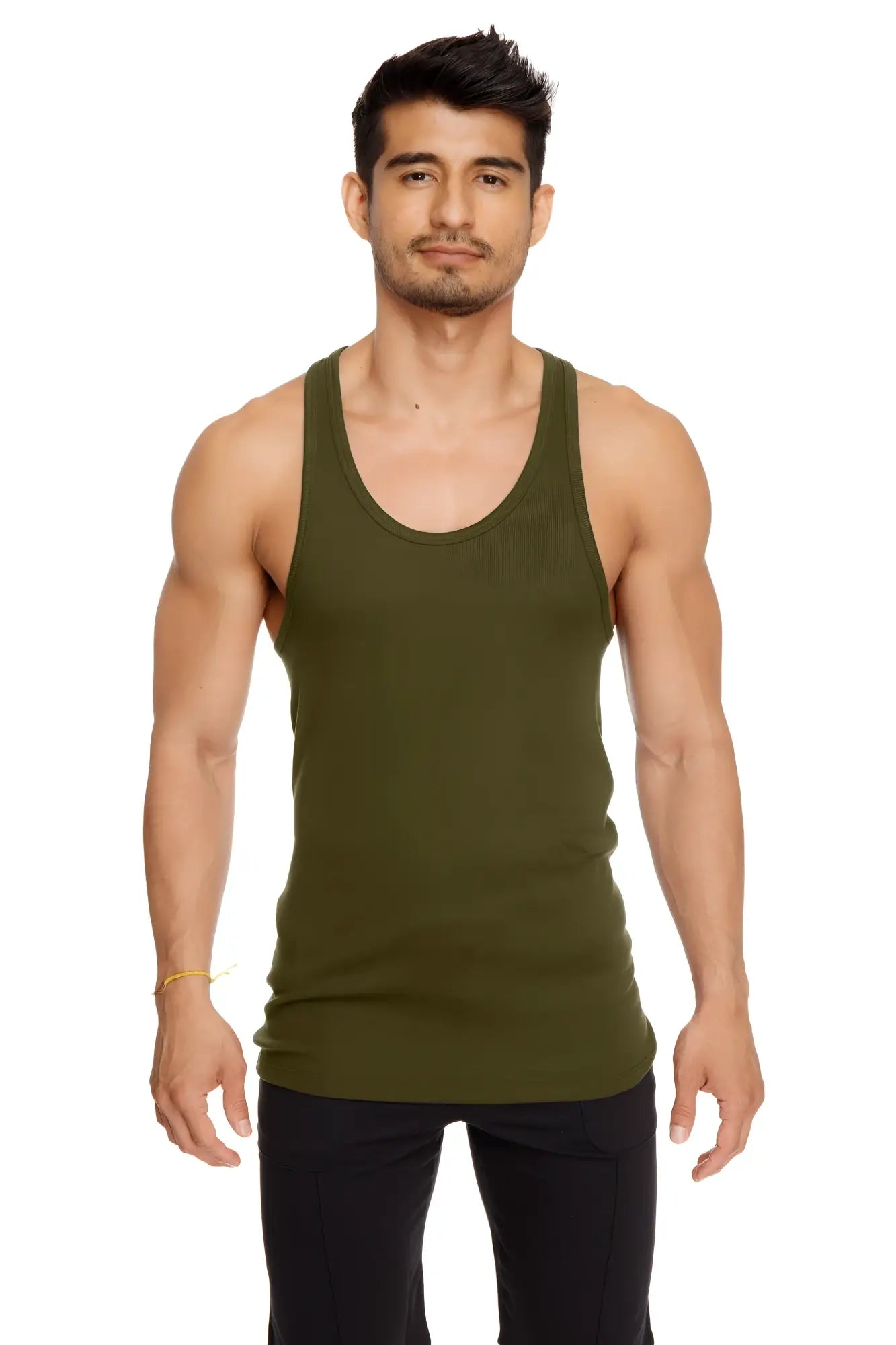 Army green sleeveless racer-back yoga tank top with a simple, fitted design perfect for workouts