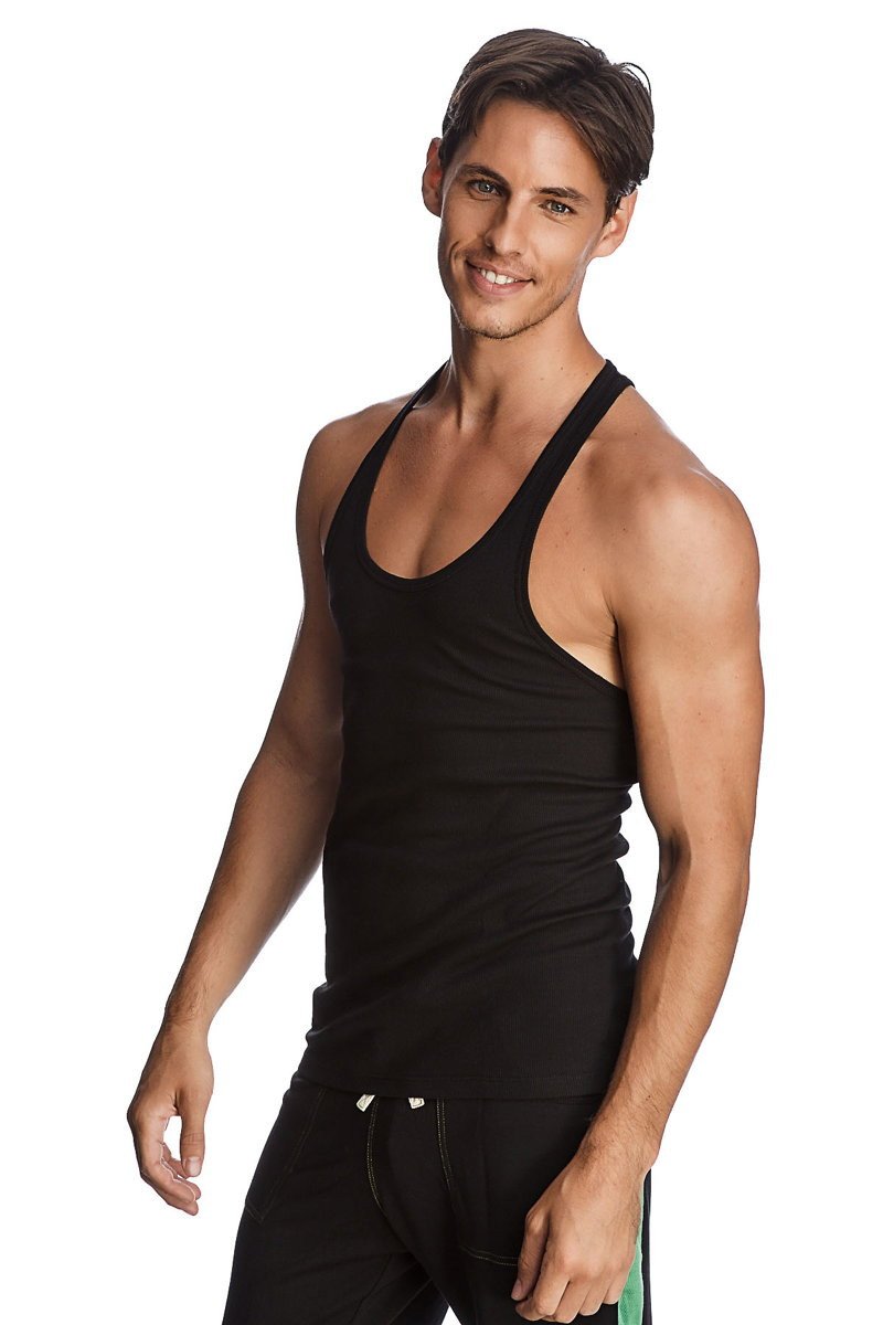 Black racer-back yoga tank with a fitted, form-fitting design shown from the back for activewear use