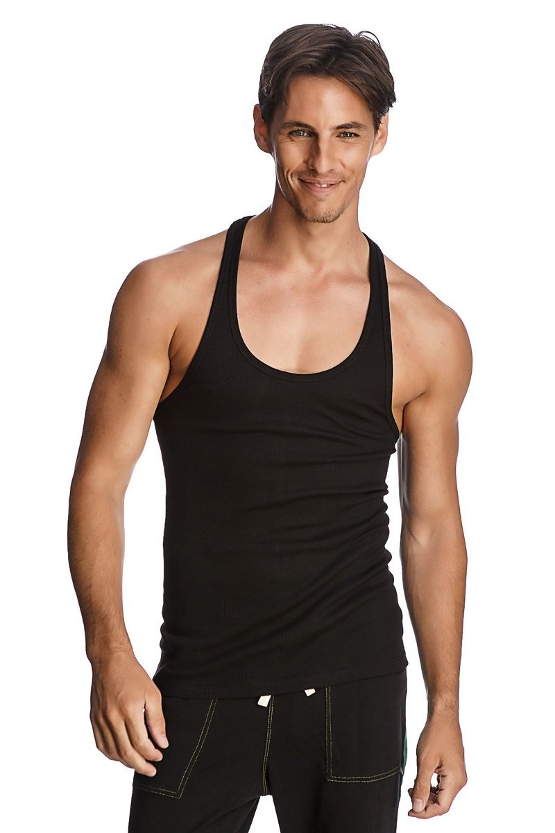 Black racer-back yoga tank with smooth fitted fabric and subtle white stitching visible on the back side