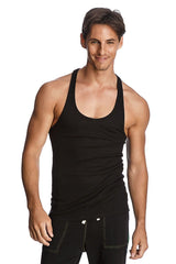 Black racer-back yoga tank with smooth fitted fabric and subtle white stitching visible on the back side