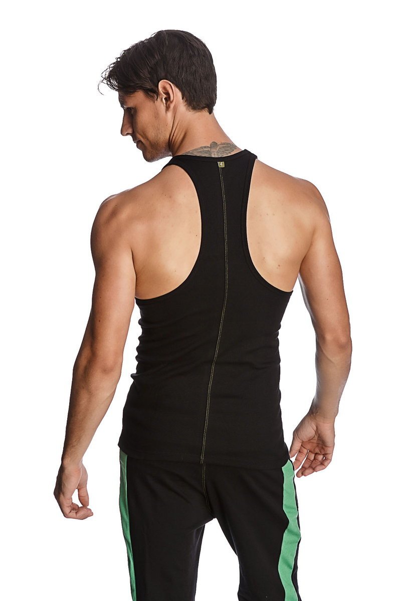 Back view of a black racer-back yoga tank top with a central zipper for easy wear and flexible workout comfort