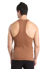 Back view of a chocolate brown racer-back yoga tank top with a central zipper for easy wear and flexible movement