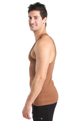 A man wearing a fitted tan racer-back yoga tank top in chocolate color ideal for workout and casual wear