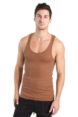Brown racer-back yoga tank with a rounded neckline and fitted design ideal for athletic wear