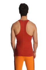 Back view of a cinnabar red racer-back yoga tank top with a central zipper ideal for active wear