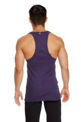 A deep purple form-fitting racer-back yoga tank with vertical seam detailing shown from the back side
