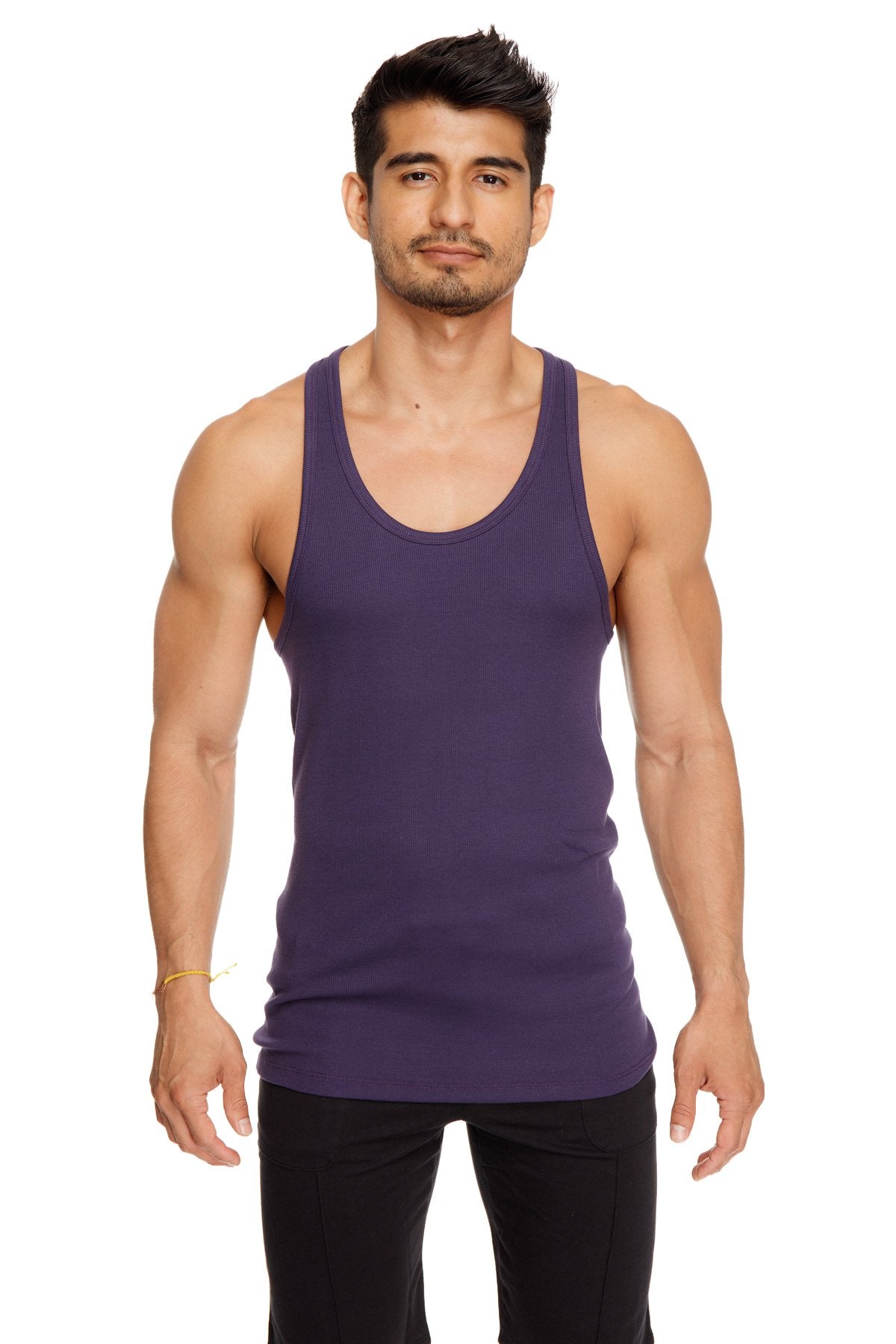 Purple sleeveless racer-back yoga tank top with rounded neckline and fitted silhouette for active wear