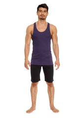 A man wearing a solid purple sleeveless racer-back yoga tank with rounded neckline and straight hem in eggplant purple