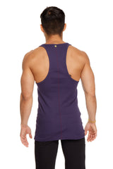 A deep purple form-fitting racer-back yoga tank with vertical seam detailing shown from the back side