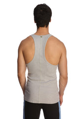 Back view of a gray heathered racer-back yoga tank top with a central seam for comfortable movement