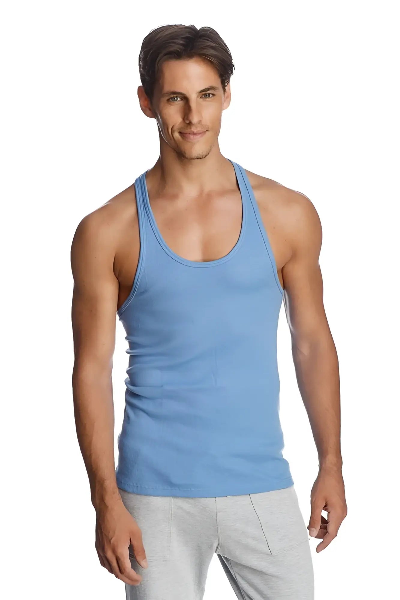 Light blue ribbed cotton tank top with classic scoop neckline and thin shoulder straps for yoga and casual wear