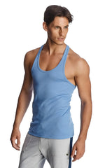 Light blue ribbed cotton racer-back yoga tank top shown from the back with a racerback design and breathable fabric